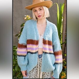 POL Blue and Brown Striped Cardigan NWOT